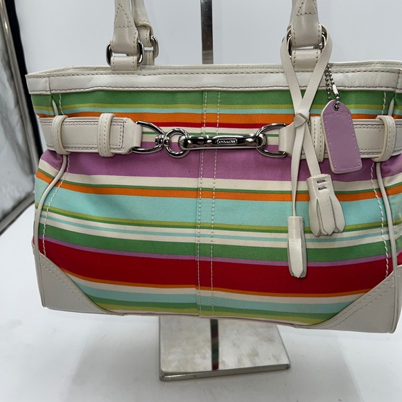 Coach Hampton Multicolor Canvas White Leather Trim Stripes Satchel Tote Bag - Picture 8 of 14